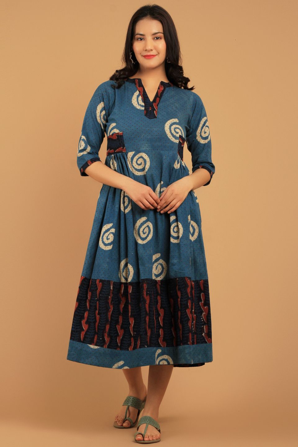 Bagru Blue Cotton Midi Dress