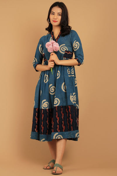 Bagru Blue Cotton Midi Dress