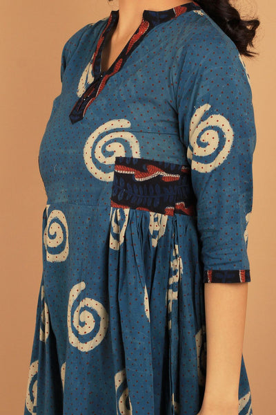 Bagru Blue Cotton Midi Dress