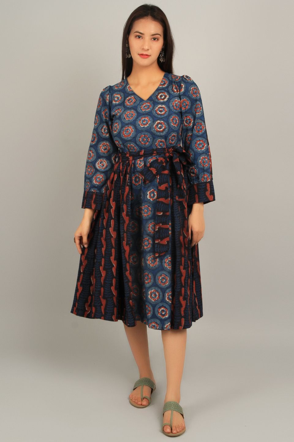 Bagru Blue Cotton Midi Dress