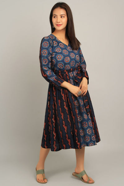 Bagru Blue Cotton Midi Dress