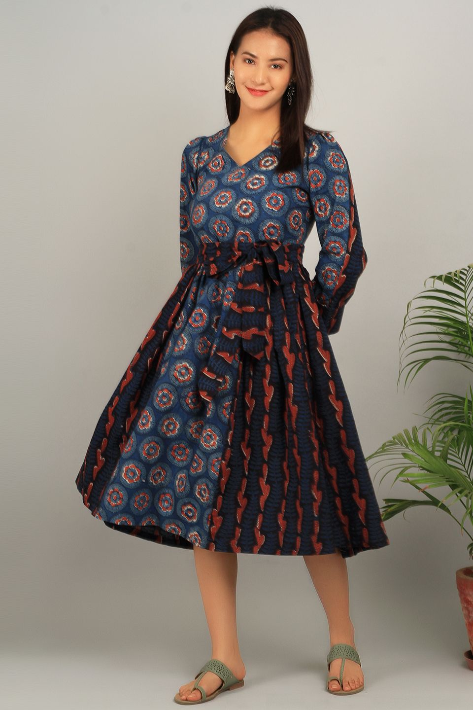 Bagru Blue Cotton Midi Dress