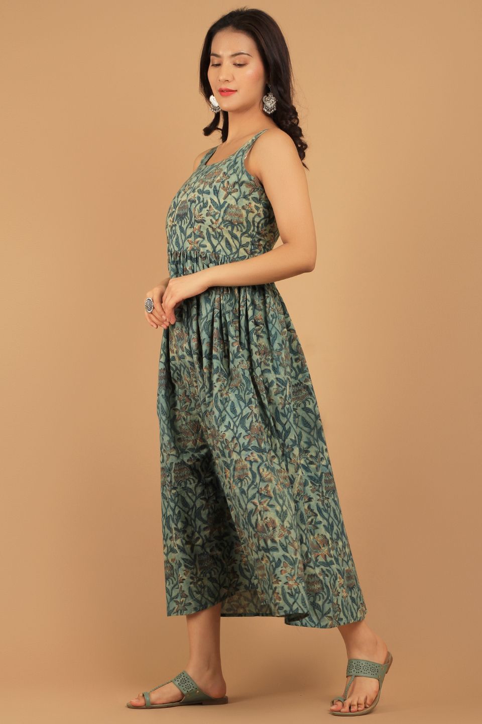 Bagru Green  Cotton Midi Dress