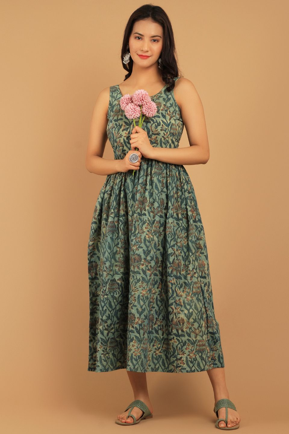 Bagru Green  Cotton Midi Dress