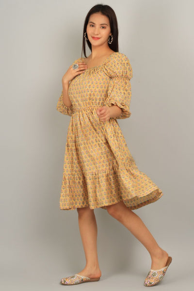 Bagru Yellow Cotton Mini Dress