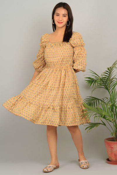 Bagru Yellow Cotton Mini Dress