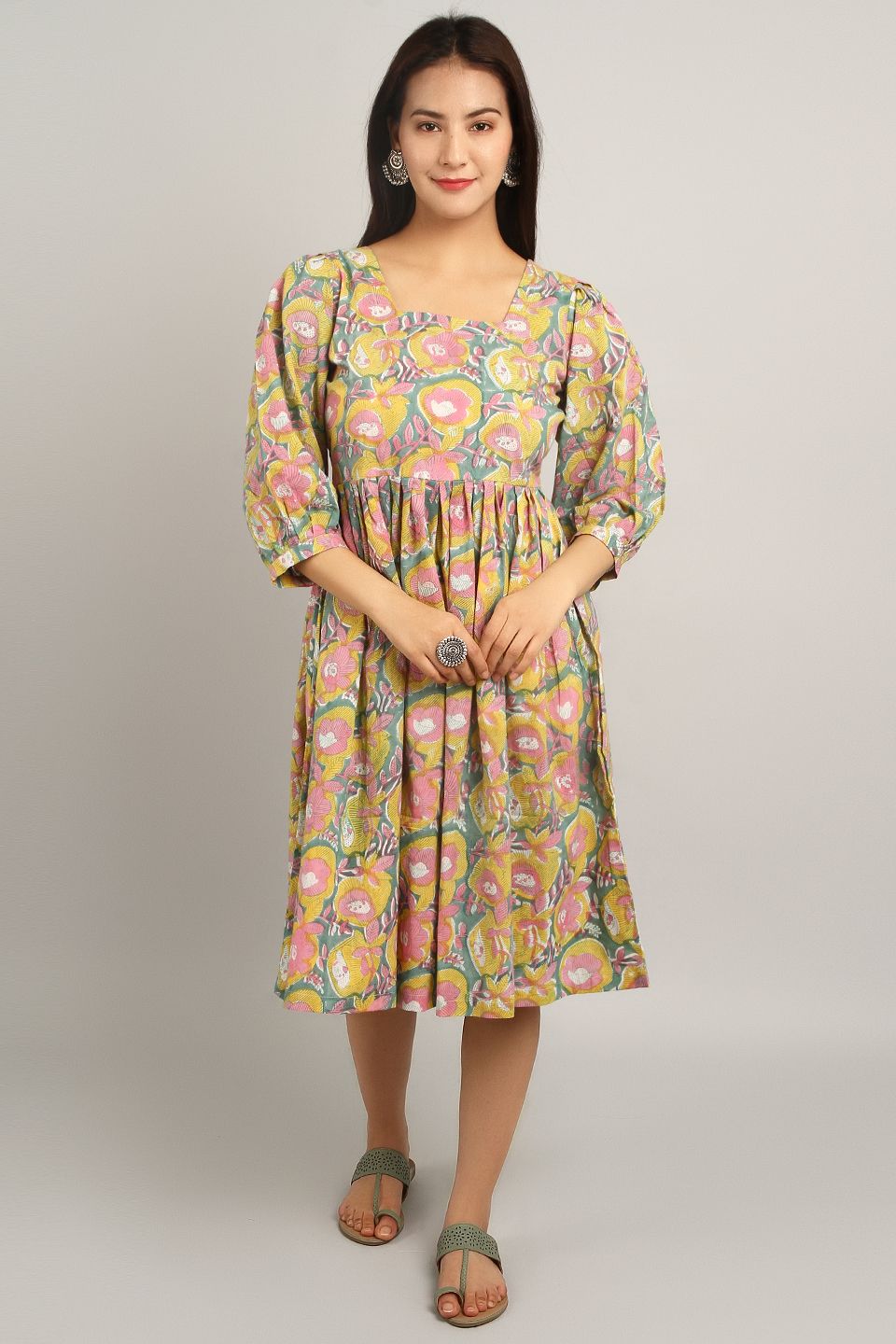 Bagru Yellow Cotton Midi Dress