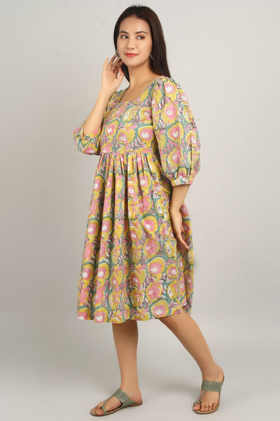 Bagru Yellow Cotton Midi Dress