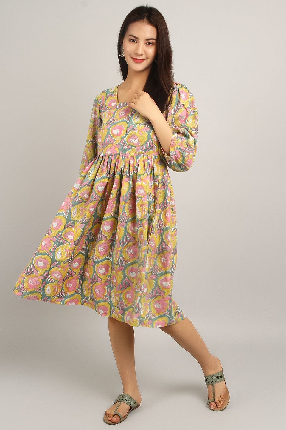 Bagru Yellow Cotton Midi Dress