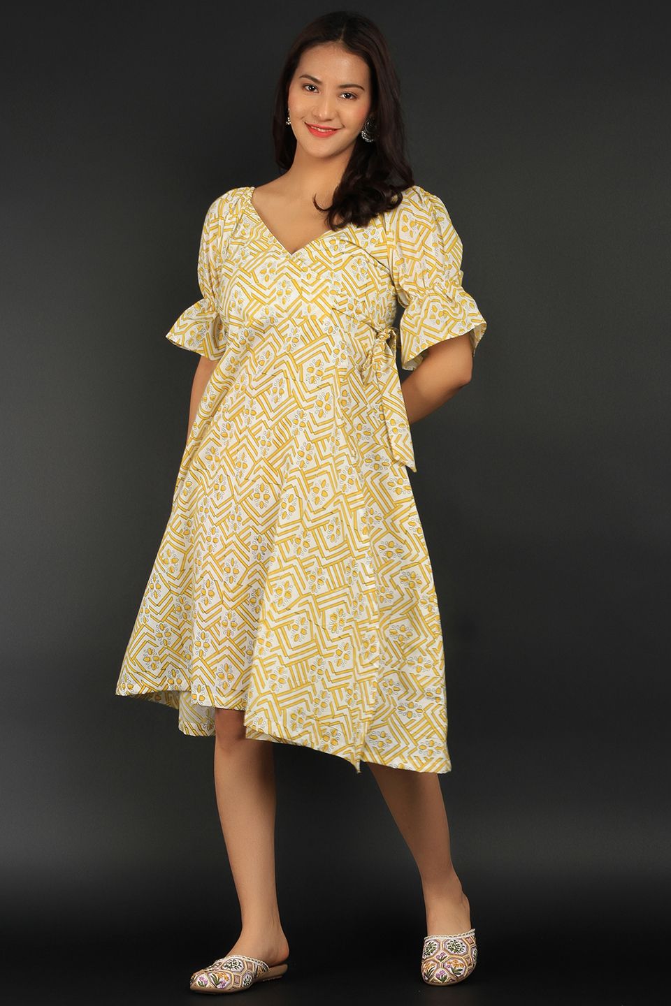 Bagru Yellow Cotton Mini Dress