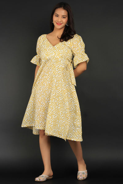 Bagru Yellow Cotton Mini Dress