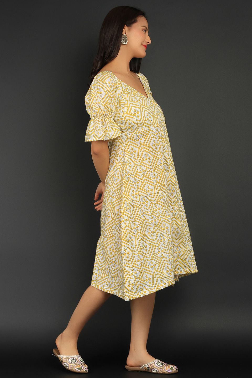 Bagru Yellow Cotton Mini Dress