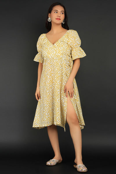 Bagru Yellow Cotton Mini Dress