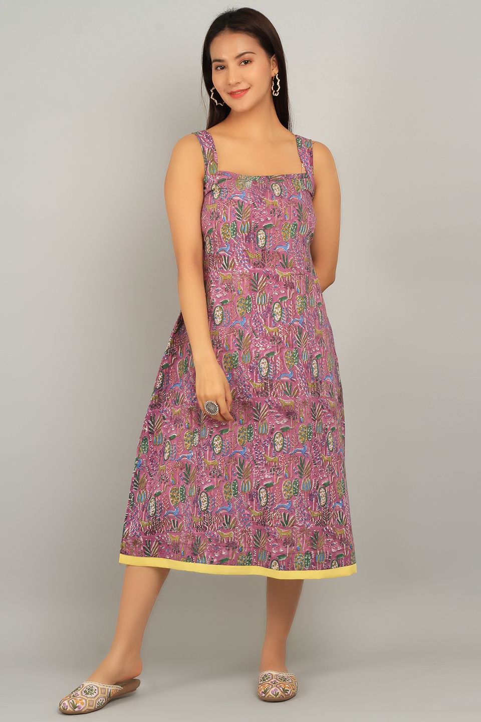 Bagru Purple Cotton Midi Dress