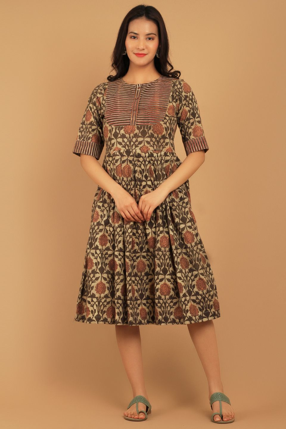 Bagru Brown Cotton Midi Dress