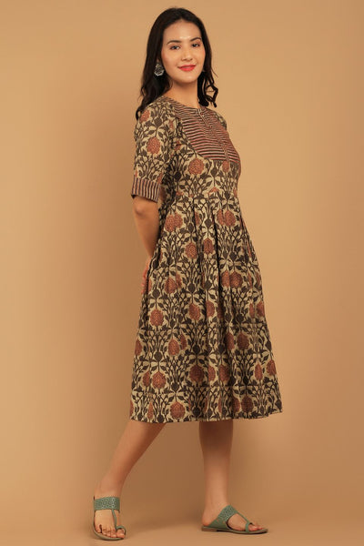 Bagru Brown Cotton Midi Dress