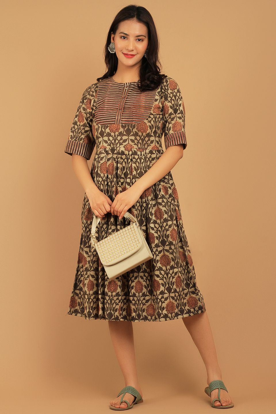 Bagru Brown Cotton Midi Dress