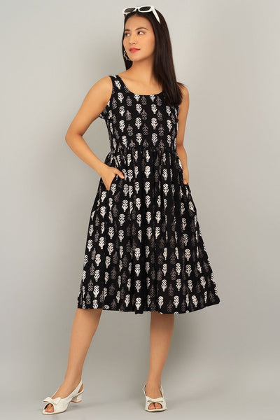 Indigo Black Cotton Midi Dress