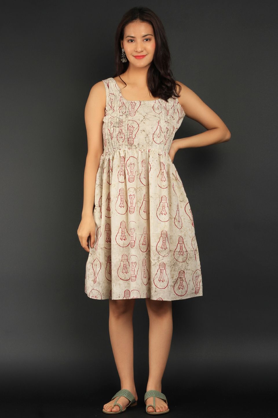 Bagru Beige Cotton Mini Dress