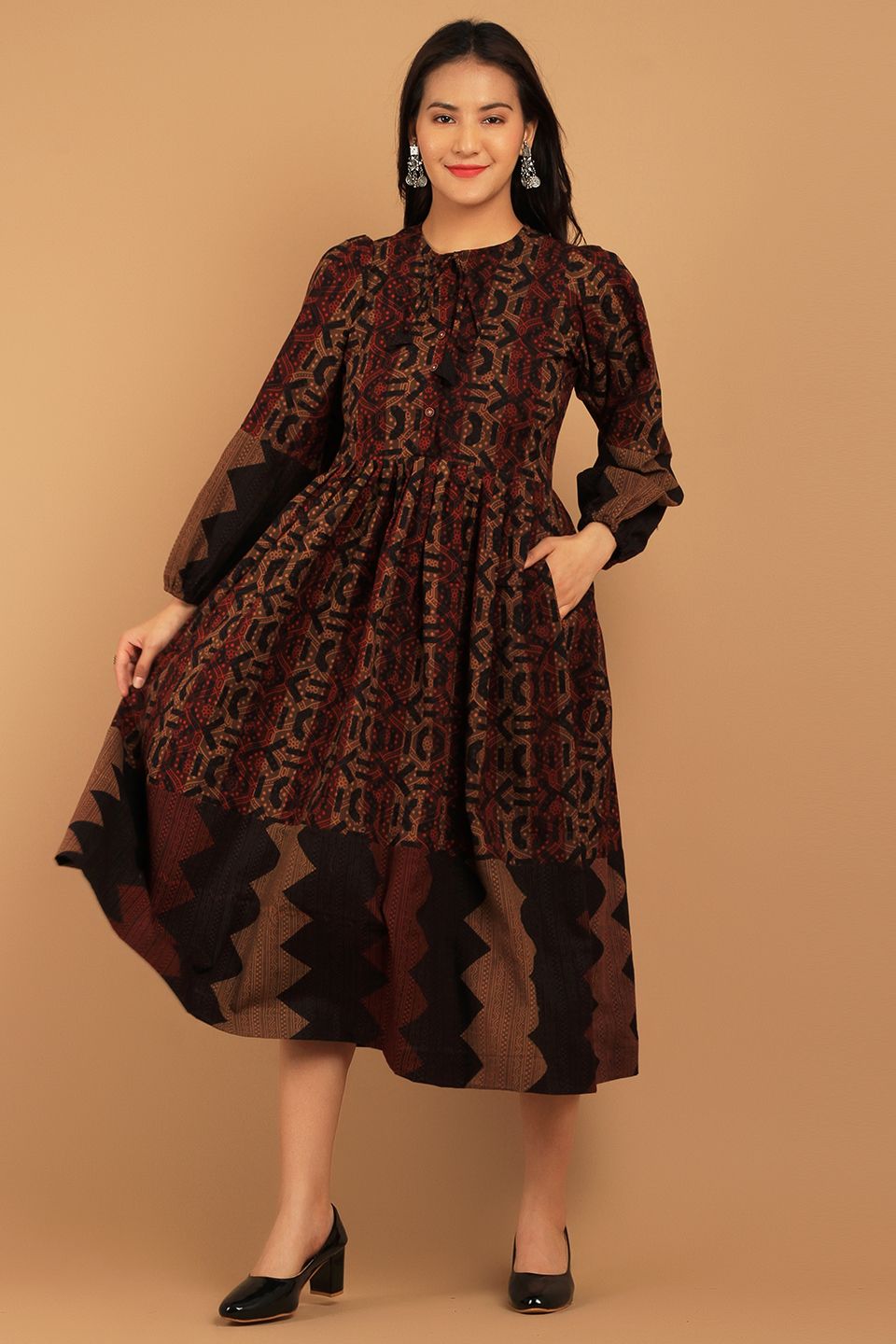 Bagru Brown Cotton Midi Dress