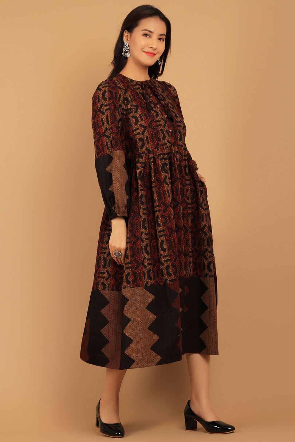 Bagru Brown Cotton Midi Dress