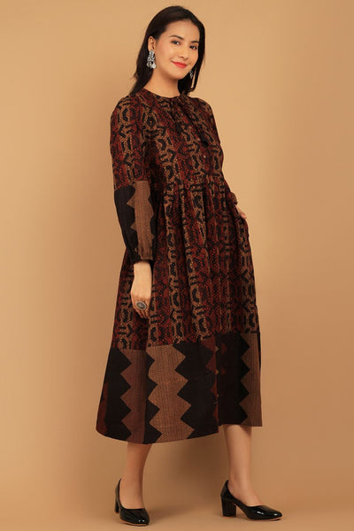 Bagru Brown Cotton Midi Dress