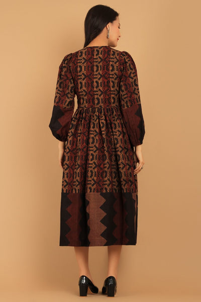 Bagru Brown Cotton Midi Dress