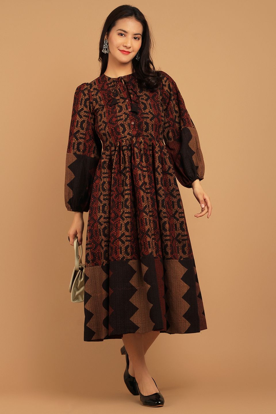 Bagru Brown Cotton Midi Dress