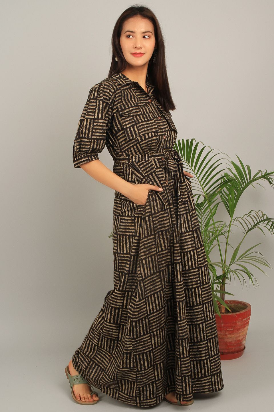 Bagru Brown Cotton Maxi Dress