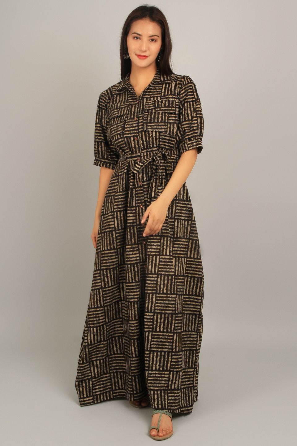 Bagru Brown Cotton Maxi Dress