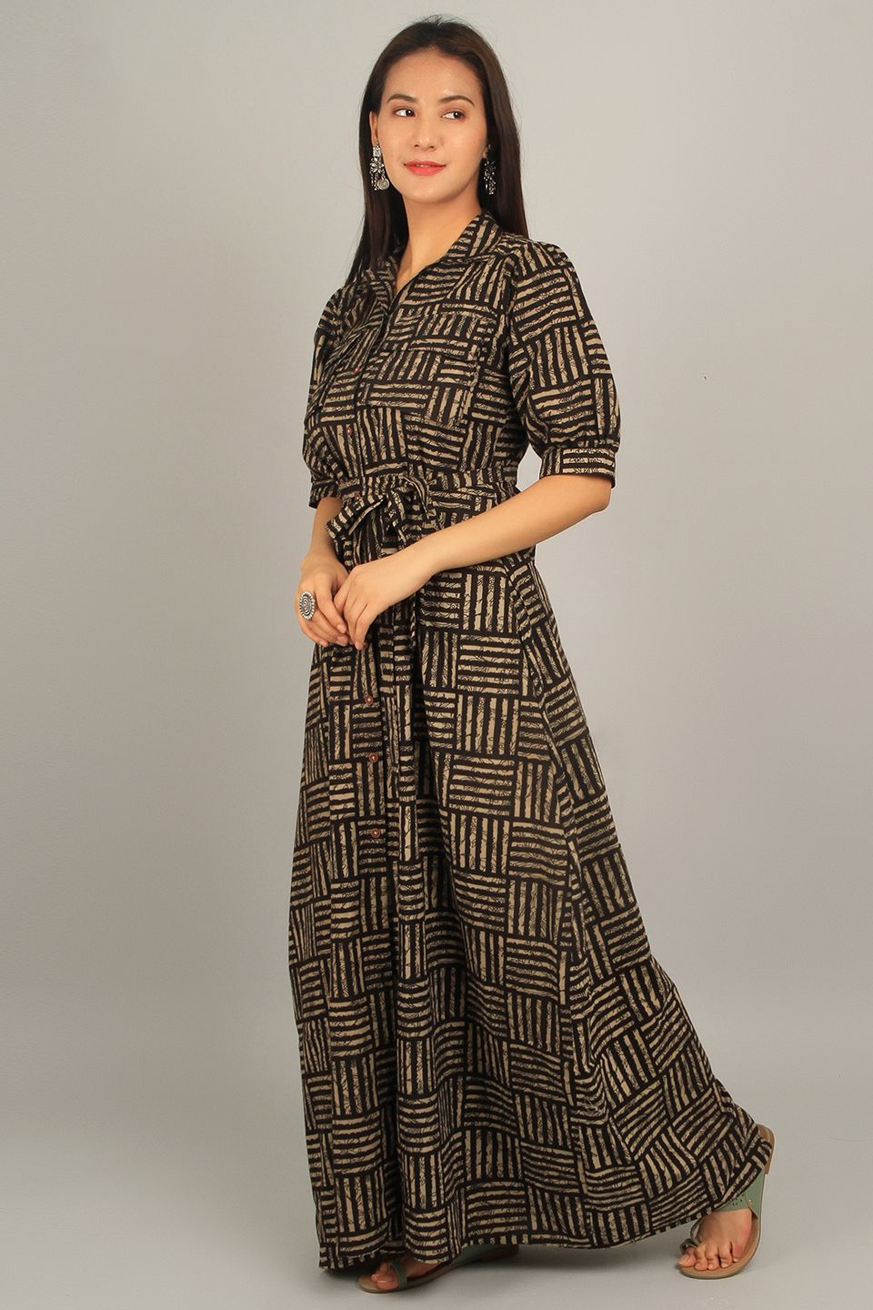 Bagru Brown Cotton Maxi Dress