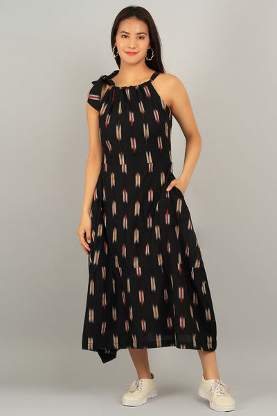 Ikat Black Cotton Midi Dress