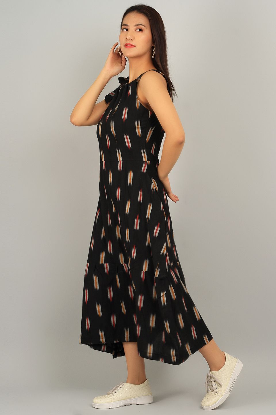 Ikat Black Cotton Midi Dress