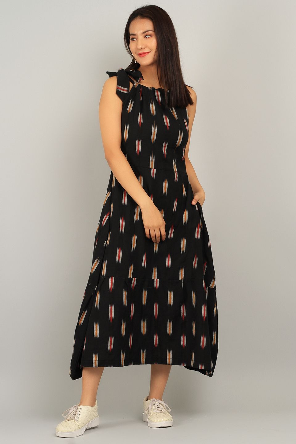 Ikat Black Cotton Midi Dress