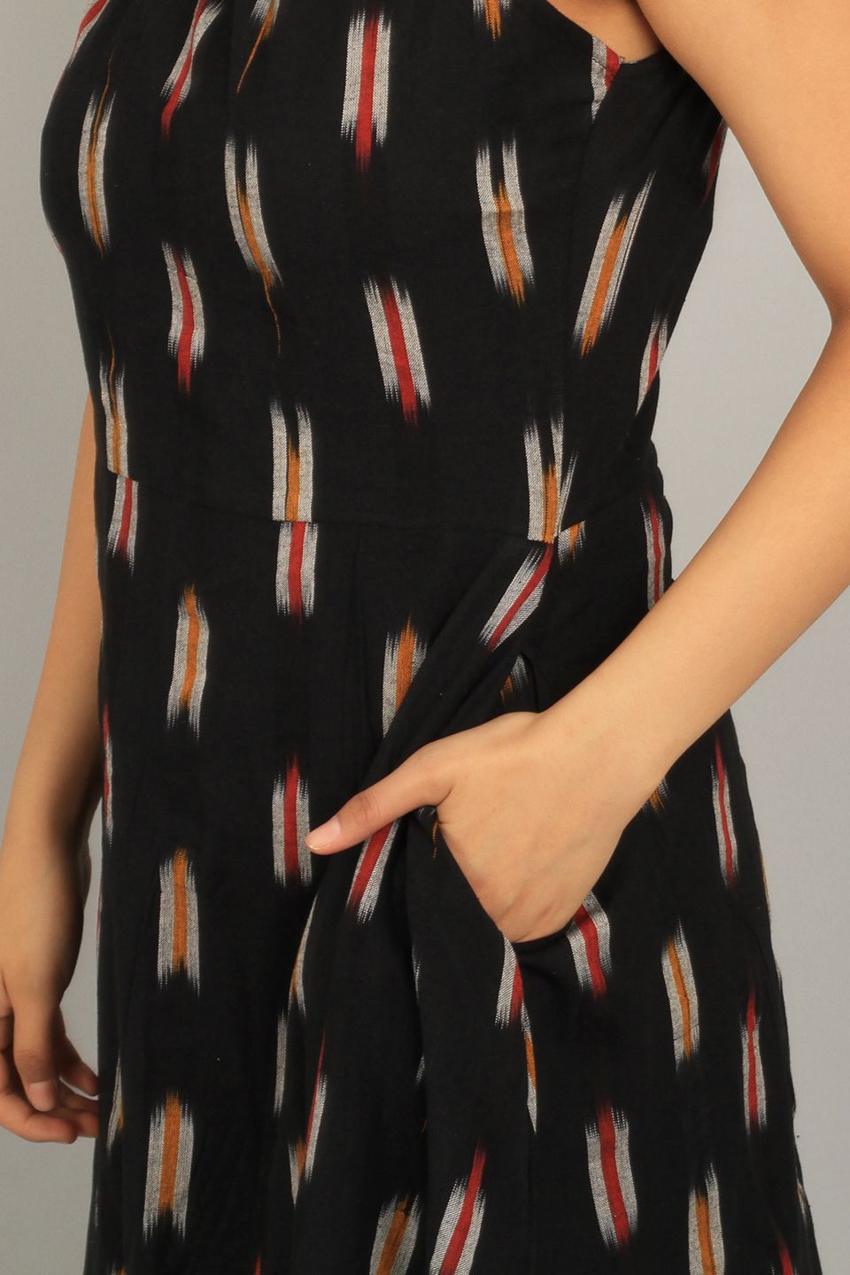 Ikat Black Cotton Midi Dress