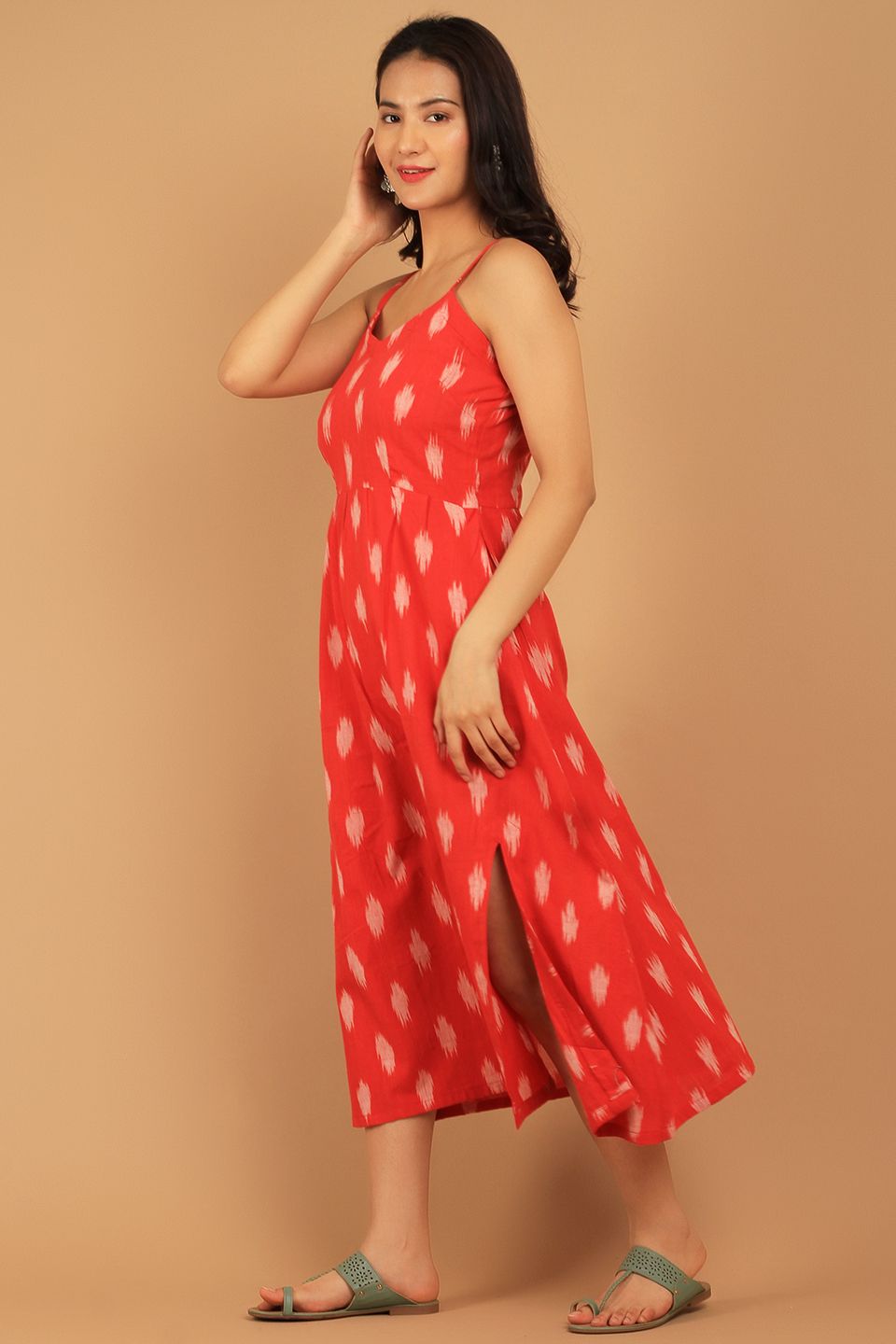 Ikat Red Cotton Midi Dress