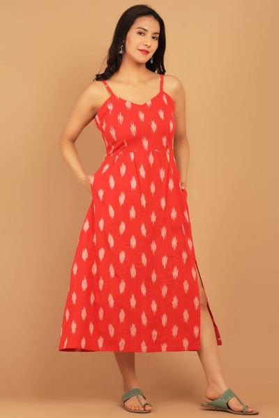 Ikat Red Cotton Midi Dress