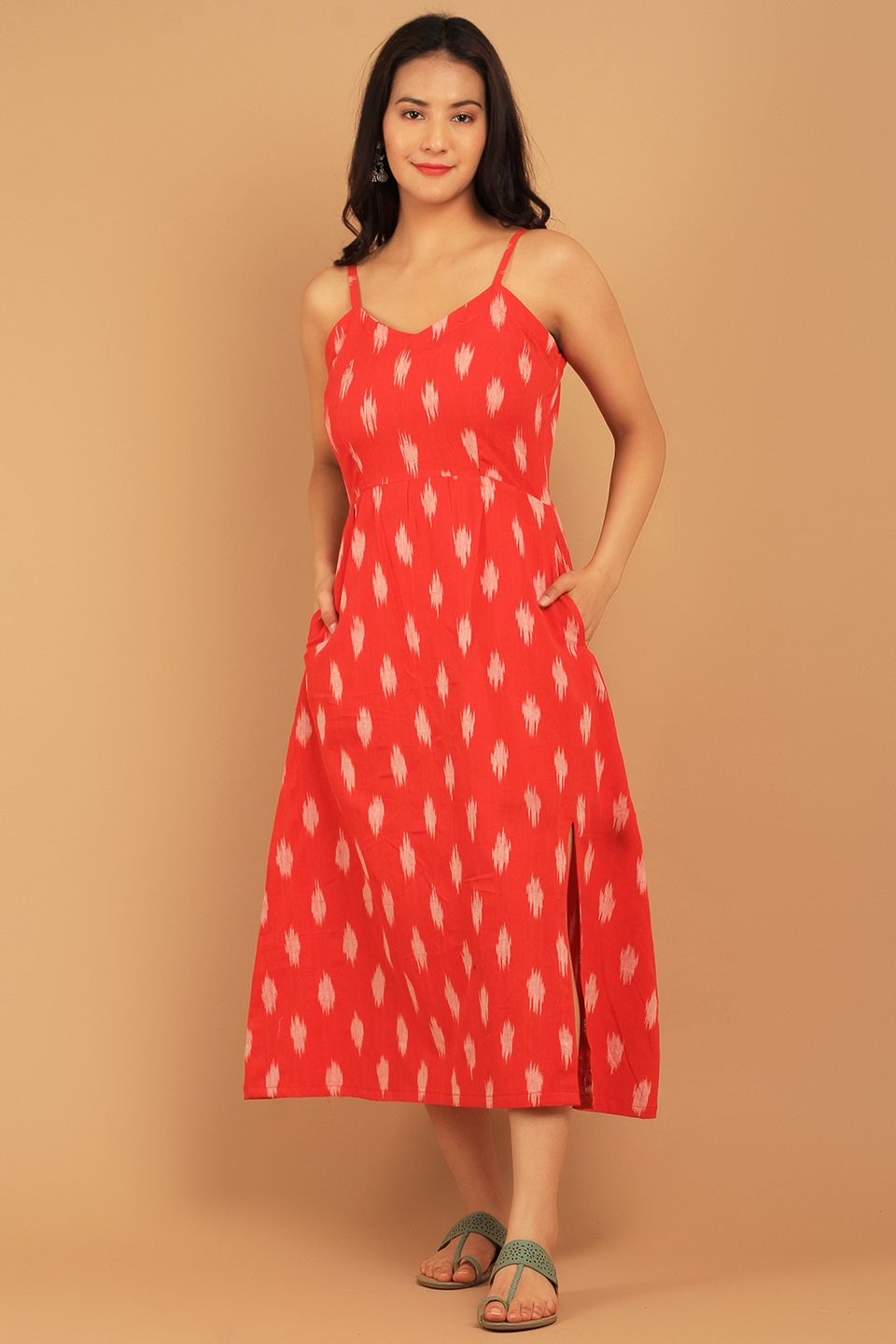 Ikat Red Cotton Midi Dress