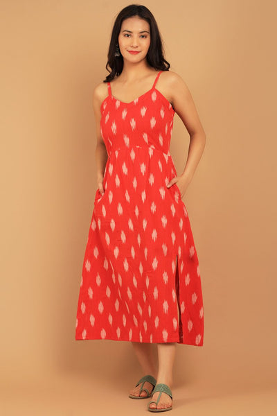 Ikat Red Cotton Midi Dress