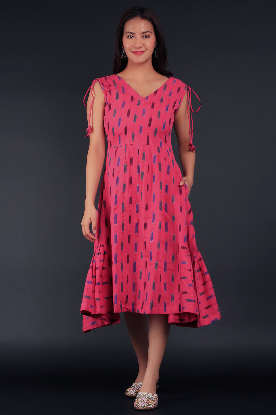 Ikat Red Cotton Midi Dress