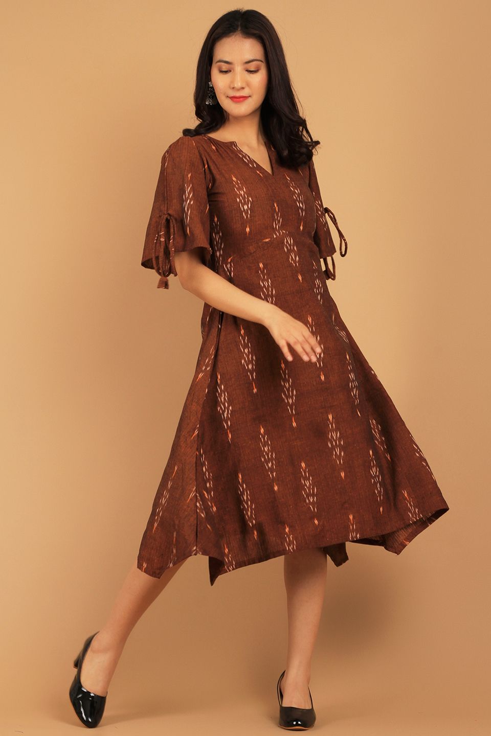 Buy Indophilia Women's Ikat Brown Cotton Midi Dress Online