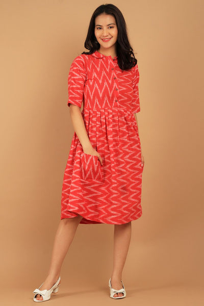 Ikat Red Cotton Midi Dress