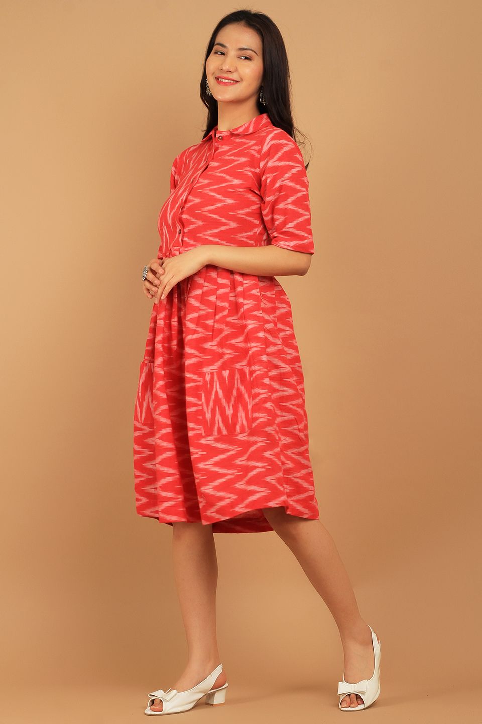 Ikat Red Cotton Midi Dress