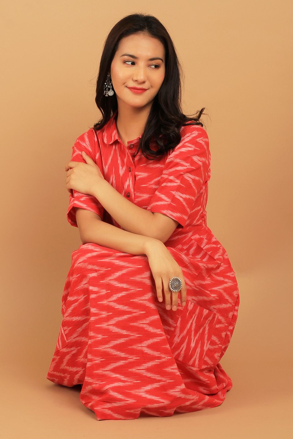 Ikat Red Cotton Midi Dress