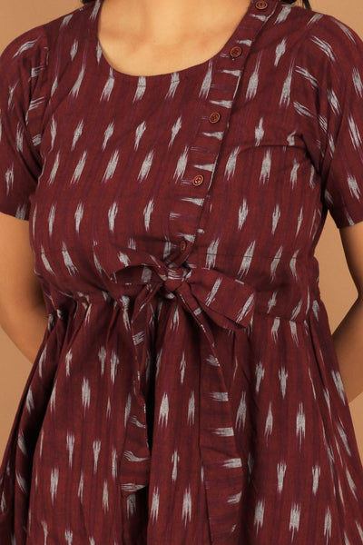 Ikat Maroon Cotton Midi Dress