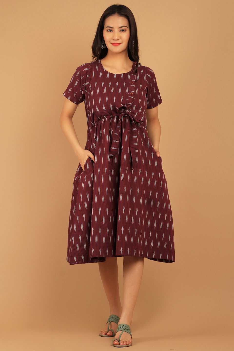 Ikat Maroon Cotton Midi Dress