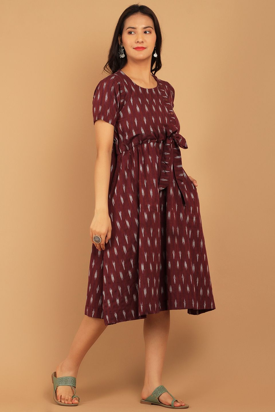 Ikat Maroon Cotton Midi Dress