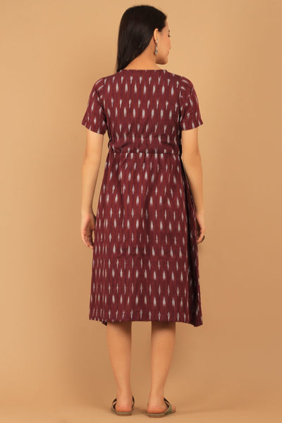 Ikat Maroon Cotton Midi Dress