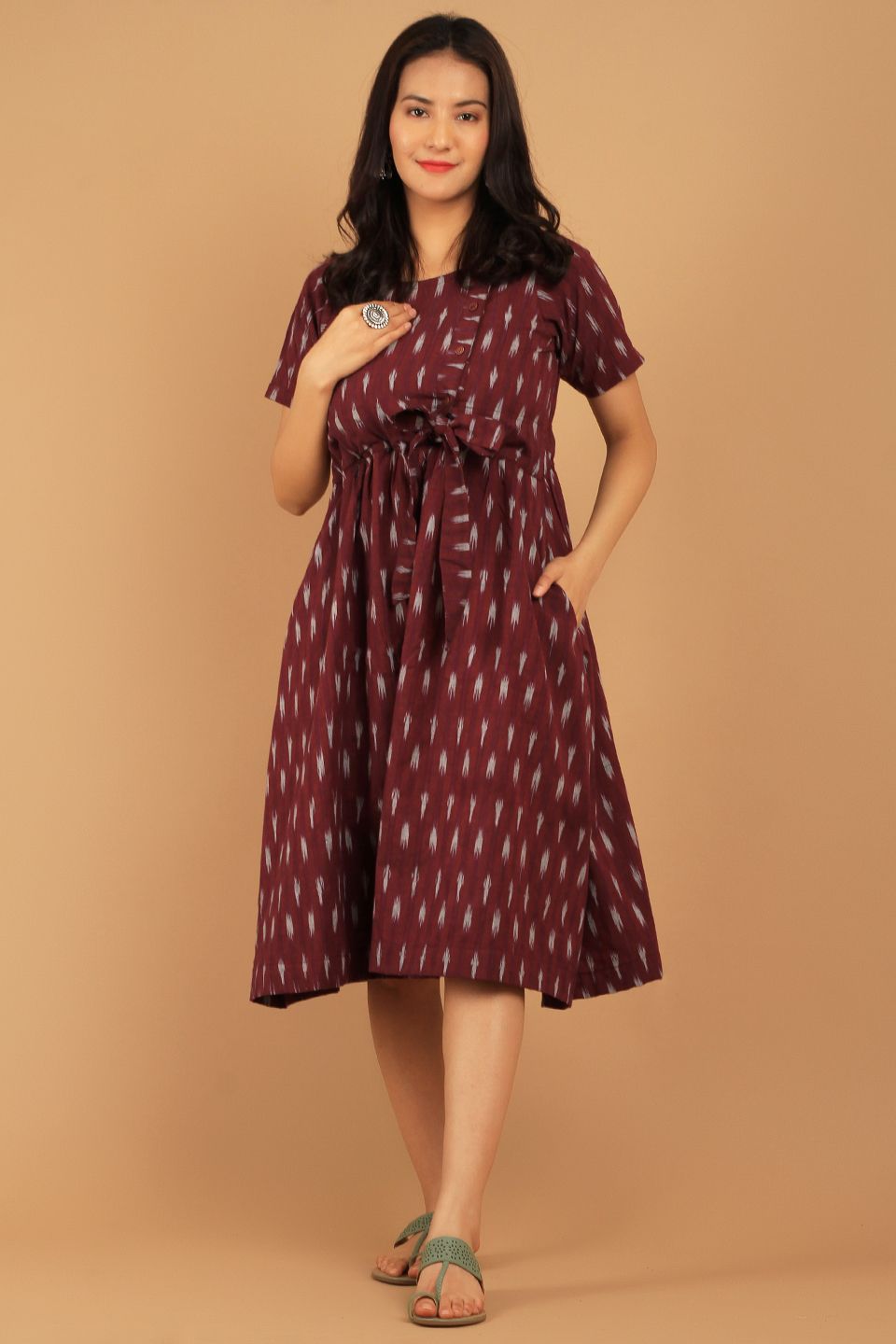 Ikat Maroon Cotton Midi Dress