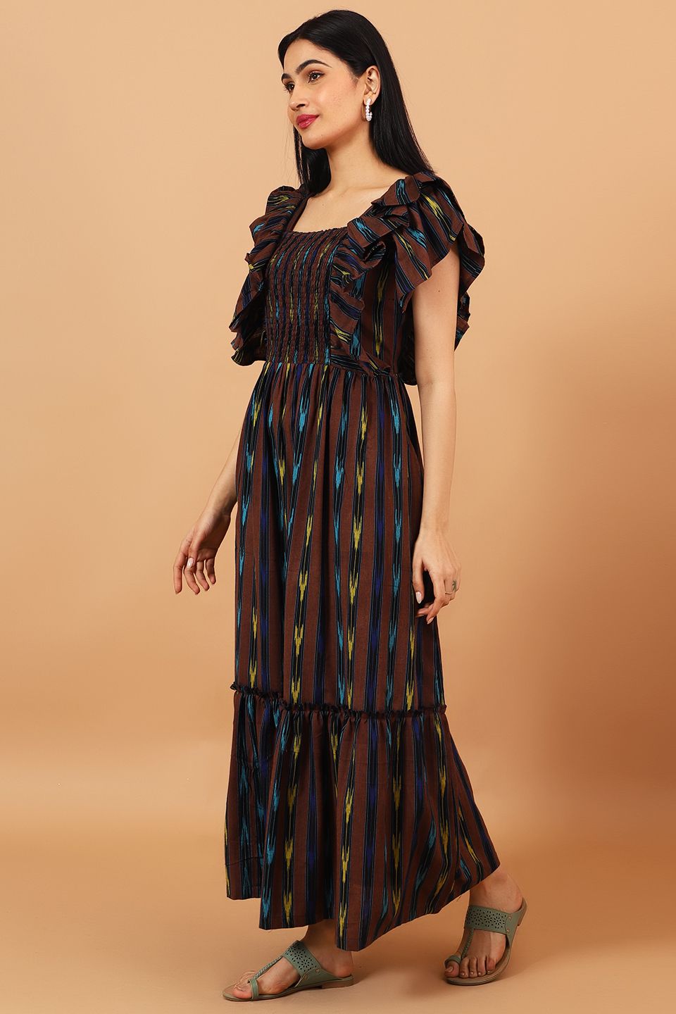 Ikat-Brown-Cotton-Maxi-Dress-DS300